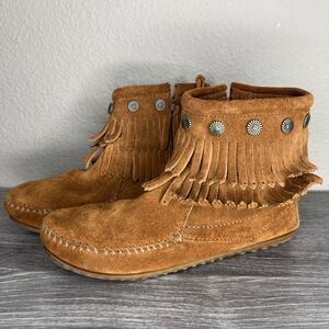 Minnetonka Brown Suede Moccasins Womens 7 Double Fringe Zipper Ankle Bootie